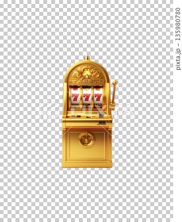 A slot machine with three spinning reels and the number seven, separated on a white background. 135980780