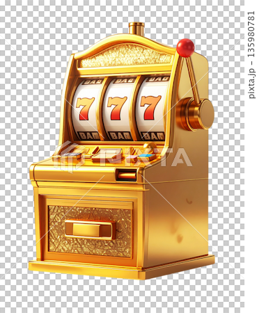A slot machine with three spinning reels and the number seven, separated on a white background. 135980781