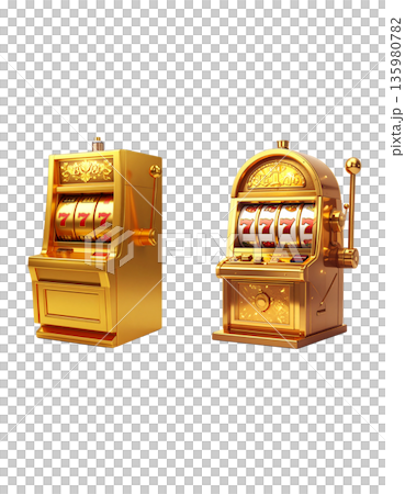 A slot machine with three spinning reels and the number seven, separated on a white background. 135980782