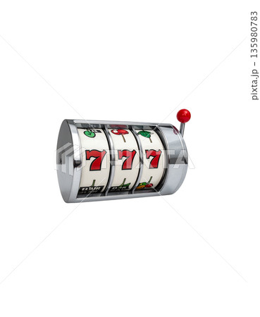 A slot machine with three spinning reels and the number seven, separated on a white background. 135980783