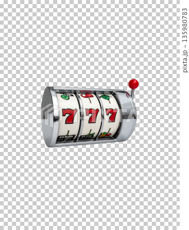 A slot machine with three spinning reels and the number seven, separated on a white background. 135980783