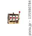 A slot machine with three spinning reels and the number seven, separated on a white background. 135980784