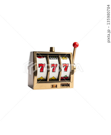 A slot machine with three spinning reels and the number seven, separated on a white background. A slot machine with three spinning reels and the number seven, separated on a white background. 135980784