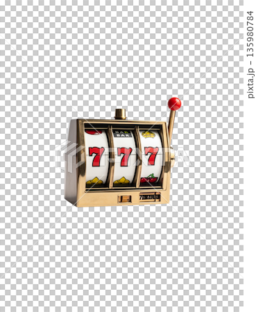 A slot machine with three spinning reels and the number seven, separated on a white background. A slot machine with three spinning reels and the number seven, separated on a white background. 135980784