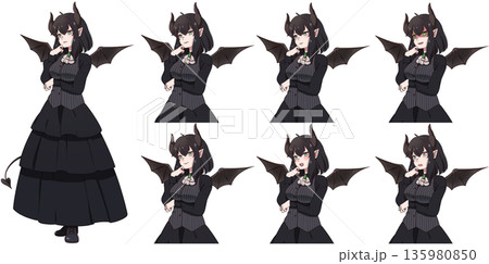 悪魔の翼と尻尾と角を持った女の子表情セット 135980850