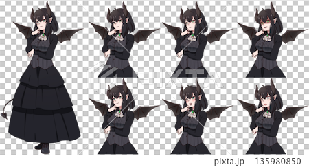 Devil wings, tail and horned girl facial expression set 135980850