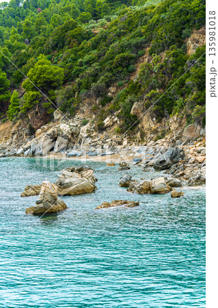 Ocean waves crash on rocks by the shore with green trees in the background near a coastal area in Greece during daylight hours Ocean waves crash on rocks by the shore with green trees in the background near a coastal area in Greece during daylight hours 135981018