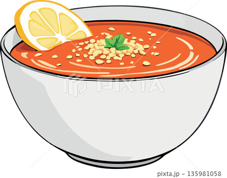 Tomato soup with lemon, basil and croutons in a white bowl Tomato soup with lemon, basil and croutons in a white bowl 135981058
