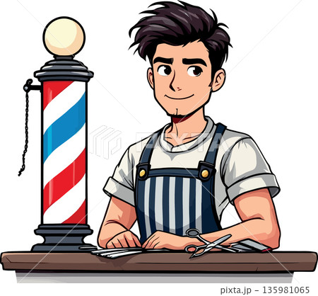 Vsai barber smiling at his barbershop with scissors and comb Vsai barber smiling at his barbershop with scissors and comb 135981065