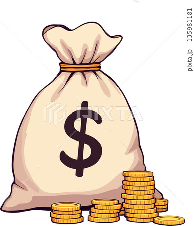 Big money bag and gold coins showing wealth and savings 135981181