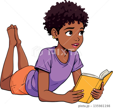 Young black girl reading a book and daydreaming Young black girl reading a book and daydreaming 135981198