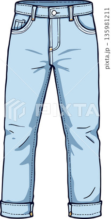 Light blue jeans with cuffed hem showing front view Light blue jeans with cuffed hem showing front view 135981211