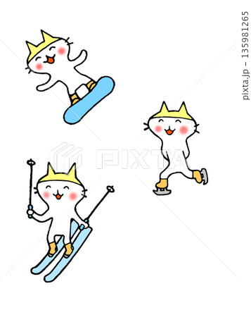 スキー、スノボ、スケートをするかわいい猫のイラスト 135981265