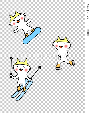 可愛的貓咪滑雪、單板滑雪和滑冰的插圖 135981265