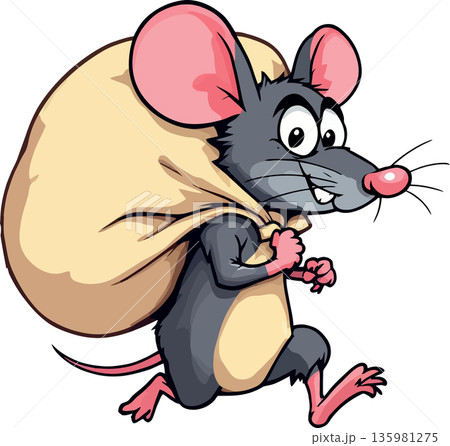 Cartoon mouse stealing a big sack running away 135981275