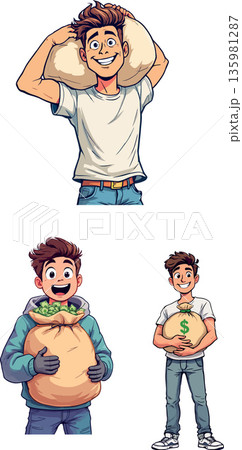 Happy thieves carrying bags of stolen money 135981287