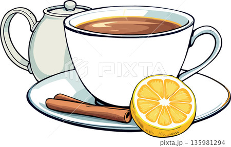 Vsai steaming cup of tea with lemon and cinnamon sticks on saucer next to teapot 135981294