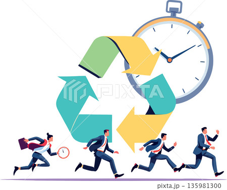 Vsai businesspeople running around recycling symbol and stopwatch, fast recycling process concept 135981300