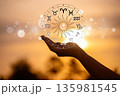 Zodiac signs, astrology and horoscopes concepts. Zodiac signs inside of horoscope circle. Astrology in the sky with many stars and moons astrology and horoscopes concept 135981545