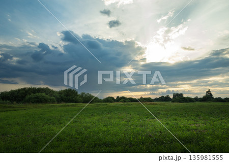 The sun emerges from behind a cloud over a green meadow The sun emerges from behind a cloud over a green meadow 135981555
