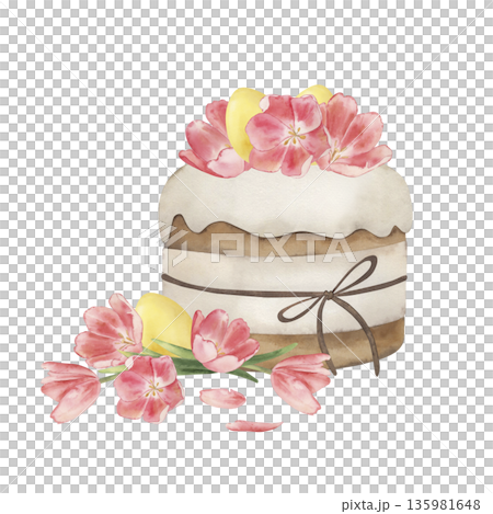 Watercolor Easter cake with white icing, pink tulips and golden eggs. Traditional hand drawn religious holiday bread with spring flowers. Isolated festive pastry illustration for greeting cards Watercolor Easter cake with white icing, pink tulips and golden eggs. Traditional hand drawn religious holiday bread with spring flowers. Isolated festive pastry illustration for greeting cards 135981648