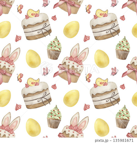 Watercolor seamless pattern with Easter cakes, cupcakes, yellow eggs and butterflies. Hand drawn festive spring background with bunny ears and holiday sweets for wallpaper or textile design and cards 135981671