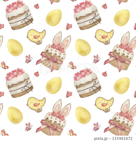 Watercolor Easter seamless border with cute bunnies, traditional cakes and festive bunting flags. Hand drawn spring horizontal banner with rabbits and holiday sweets isolated for washi tape design 135981672