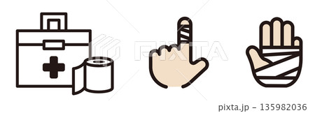 手に包帯を巻いているイラスト。救急箱とガーゼ。 手に包帯を巻いているイラスト。救急箱とガーゼ。 135982036