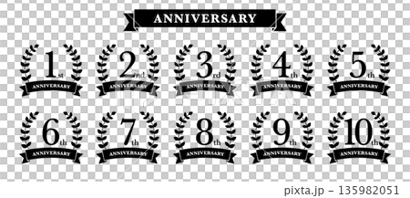 Laurel wreath and ribbon anniversary logo monochrome 1st to 10th set 135982051