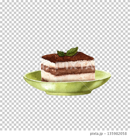 Watercolor illustration of Italian coffee dessert tiramisu on a green plate isolated on a white background for menu design, cafe decoration. 135982058