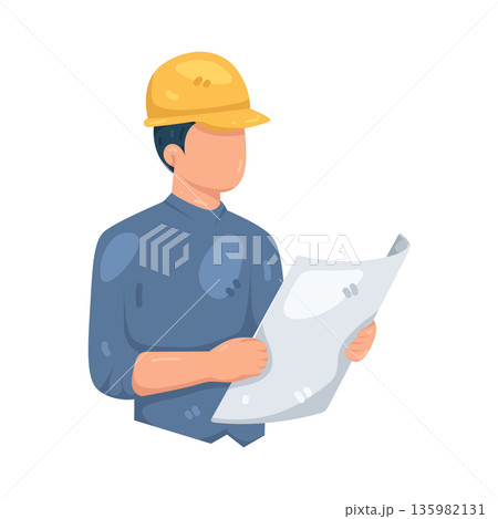 Illustration of engineer reviewing blueprints Illustration of engineer reviewing blueprints 135982131