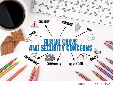 Rising Crime and Security Concerns Concept. Chart with keywords and icons Rising Crime and Security Concerns Concept. Chart with keywords and icons 135982192