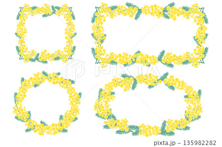手描きのミモザのシンプル丸・四角フレームセット 手描きのミモザのシンプル丸・四角フレームセット 135982282