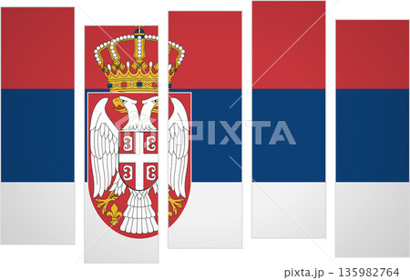 Flag of Serbia. Flag with a design featuring vertical panels in a modular perspective Flag of Serbia. Flag with a design featuring vertical panels in a modular perspective 135982764