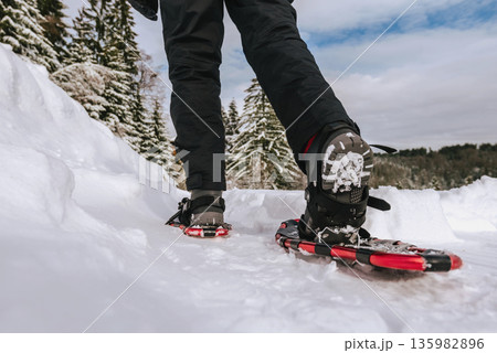 Person Snowshoeing in Snowy Environment on Winter Day 135982896