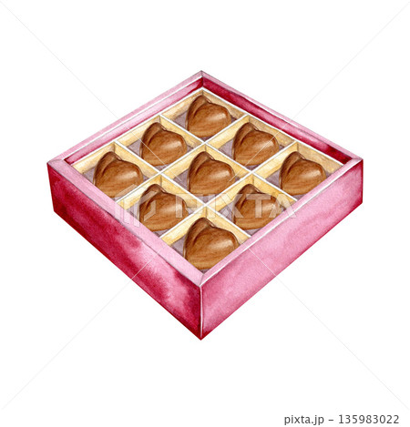 A watercolor illustration of a box of burgundy heart-shaped chocolates. This romantic hand-drawn sweet gift on a white background is perfect for Valentine's Day, weddings, or anniversaries. A watercolor illustration of a box of burgundy heart-shaped chocolates. This romantic hand-drawn sweet gift on a white background is perfect for Valentine's Day, weddings, or anniversaries. 135983022