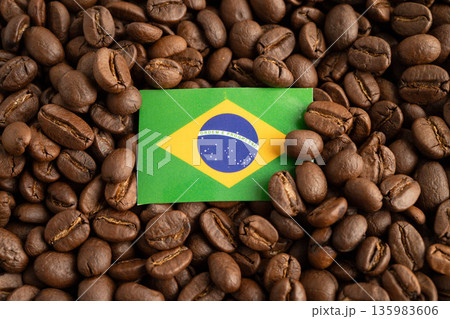 Brazil flag on coffee beans, shopping online for export or import food product. 135983606