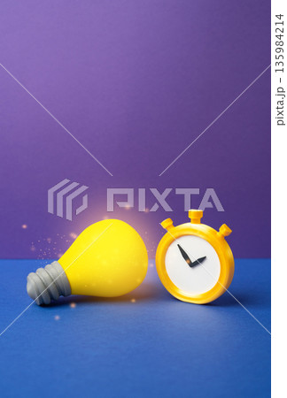 Time for inspiration. Light bulb idea and stopwatch. Creativity under pressure concept, innovation timing and productivity. Deadline driven thinking, breakthrough moments and idea realization. Time for inspiration. Light bulb idea and stopwatch. Creativity under pressure concept, innovation timing and productivity. Deadline driven thinking, breakthrough moments and idea realization. 135984214
