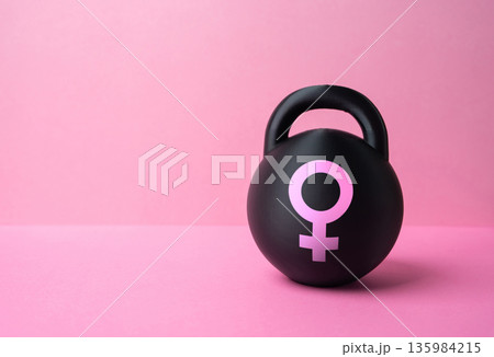 A weight bearing the symbol of the female gender. The weight of women's worries and anxieties, the difficulties of everyday life. Moral burden, social pressure. Women's rights A weight bearing the symbol of the female gender. The weight of women's worries and anxieties, the difficulties of everyday life. Moral burden, social pressure. Women's rights 135984215