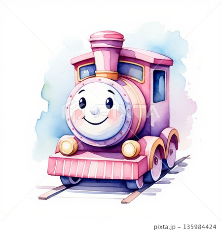 Cute smiling pink train, watercolor children...のイラスト素材 [135984424] - PIXTA