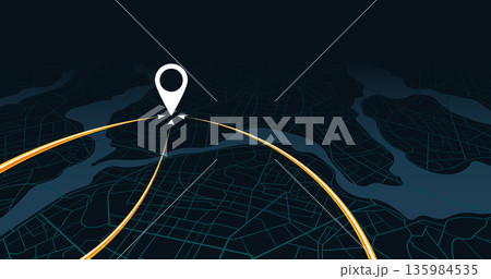perspective map with orange light trails converging on location pin. Vector illustration. perspective map with orange light trails converging on location pin. Vector illustration. 135984535