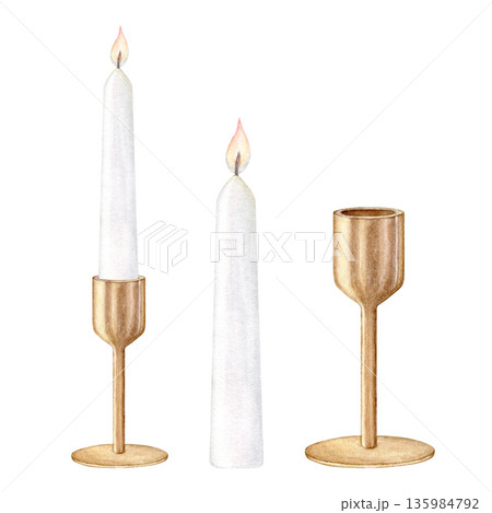 Watercolor set of golden candlestick and tall white candle. isolated elements : candle in holder, separate candlestick and single candle for DIY design , wedding and holiday decor Watercolor set of golden candlestick and tall white candle. isolated elements : candle in holder, separate candlestick and single candle for DIY design , wedding and holiday decor 135984792