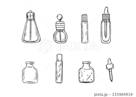 Dropper bottles with aromatic oil, serum or perfume line black ink set illustration. Glass closed diffusers vector isolated clip art. Medical flasks for spa design, home decor, homeopathy 135984919