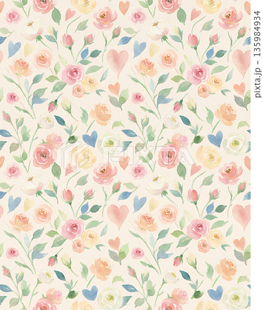 ハートと花の水彩シームレスパターン背景 135984934