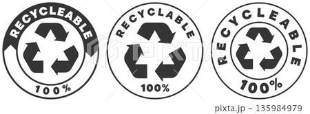 Circular labels showing recyclable symbol and percentage for recycling in a simple design Circular labels showing recyclable symbol and percentage for recycling in a simple design 135984979