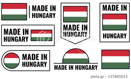 Hungary product emblem icons set featuring flags and made in Hungary labels 135985015