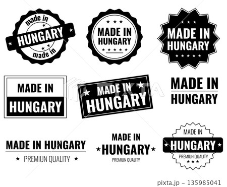 Hungary product labels set representing manufacturing quality and origin from Hungary Hungary product labels set representing manufacturing quality and origin from Hungary 135985041