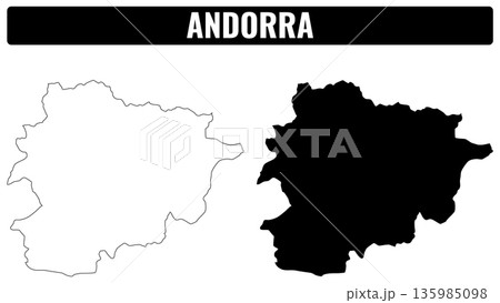 Shapes of Andorra displayed in two forms showing the outline and filled black silhouette 135985098