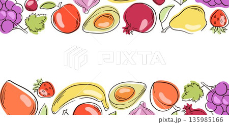 Fruit border with banana, avocado, grapes, strawberry, peach and pear in flat style. Colorful illustration on white background for food packaging, menu, banner, flyer and healthy design. Fruit border with banana, avocado, grapes, strawberry, peach and pear in flat style. Colorful illustration on white background for food packaging, menu, banner, flyer and healthy design. 135985166