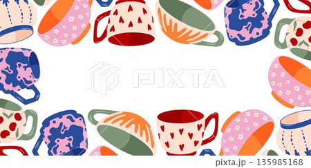Border frame with colorful cup and mug in cozy flat style. Decorative illustration forming a tea wallpaper on white background for kitchen decor, textile, packaging and stationery. 135985168